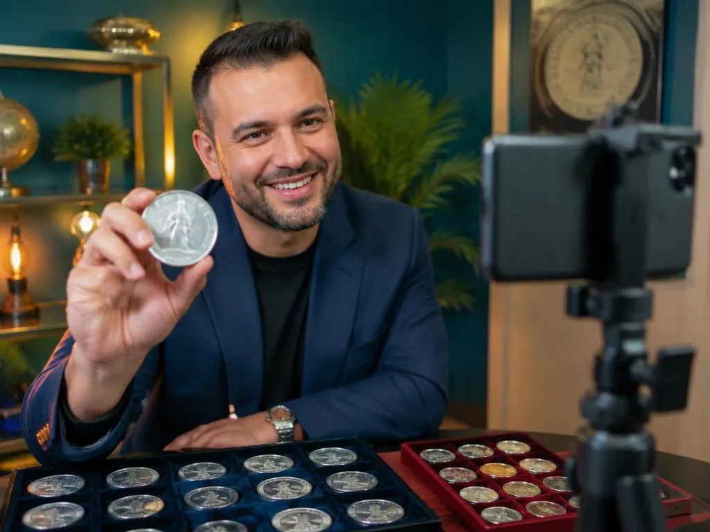 A dealer holding a silver coin up to a phone on a tripod, trays of coins in front