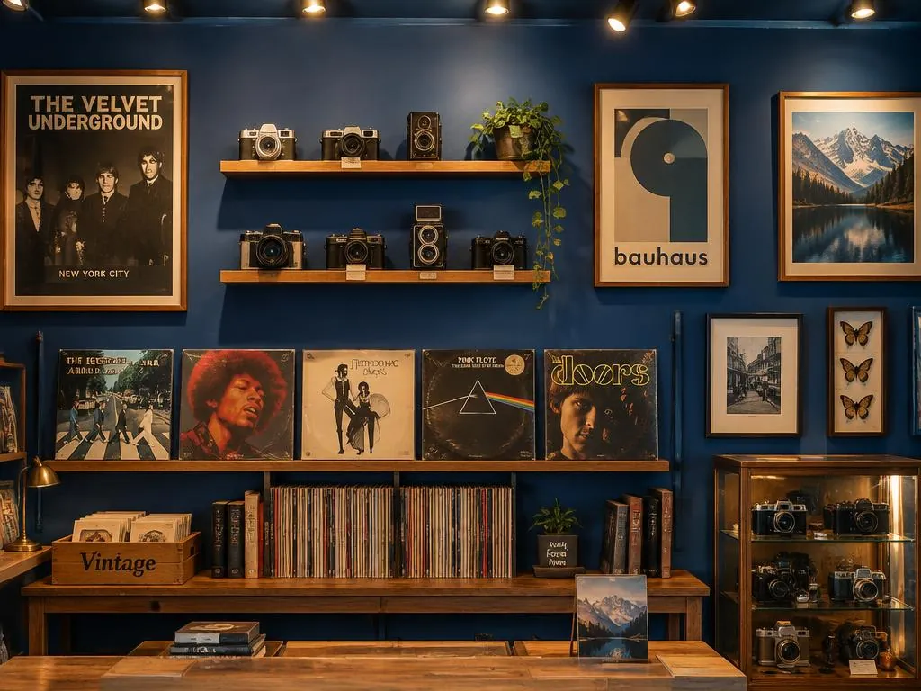 A cobalt boutique wall of vintage cameras, records and framed prints