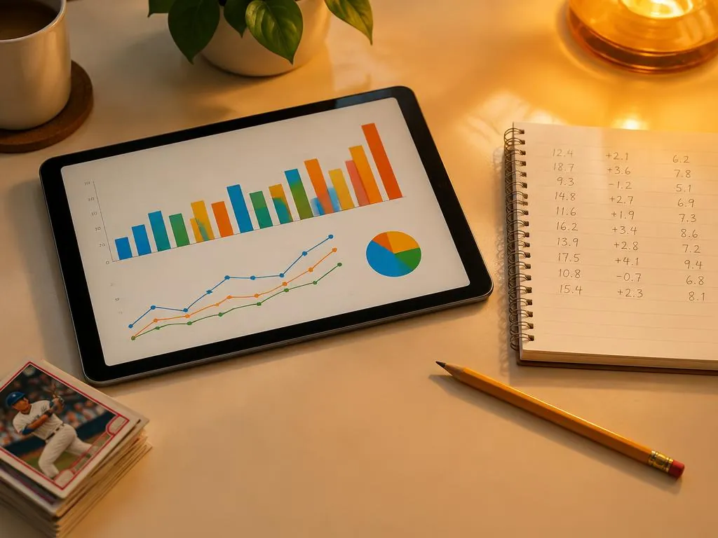 Tablet showing colourful charts beside a notebook and trading cards