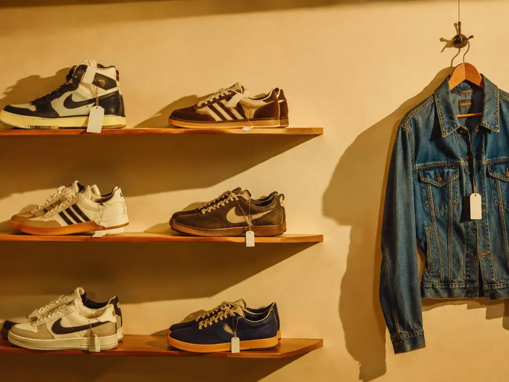 Vintage sneakers and a denim jacket with price tags on warm shelves