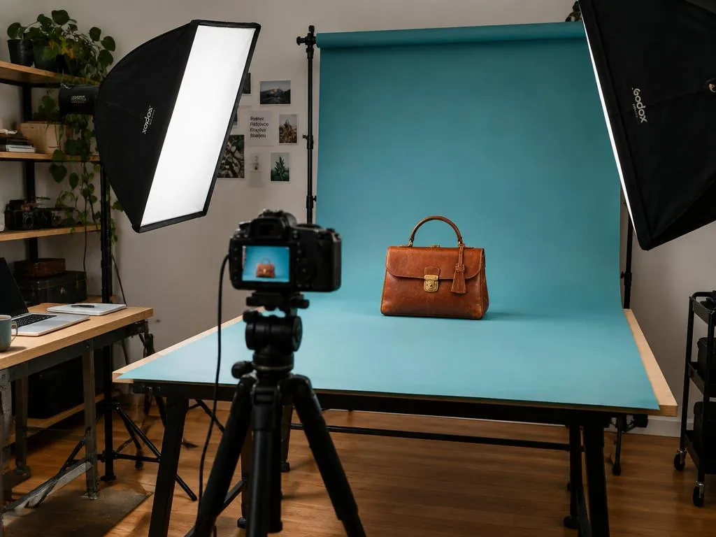 Camera and softboxes photographing a leather handbag on a teal backdrop