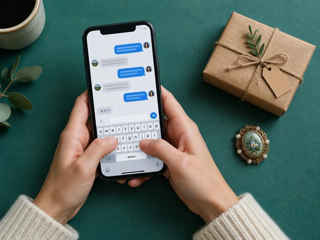 Hands typing a message beside a wrapped parcel and vintage brooch