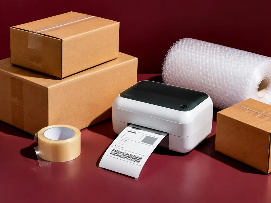 Shipping boxes, label printer, tape and bubble wrap on burgundy