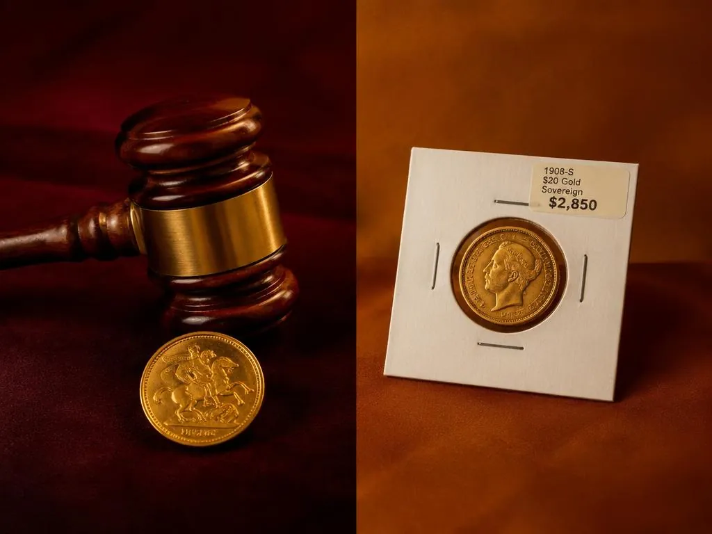 A gavel with a gold sovereign beside a priced gold coin in a holder