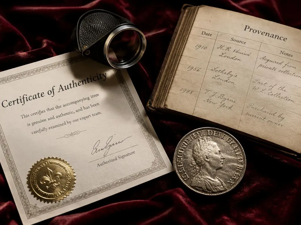 Certificate of authenticity, provenance ledger, loupe and silver coin on burgundy velvet